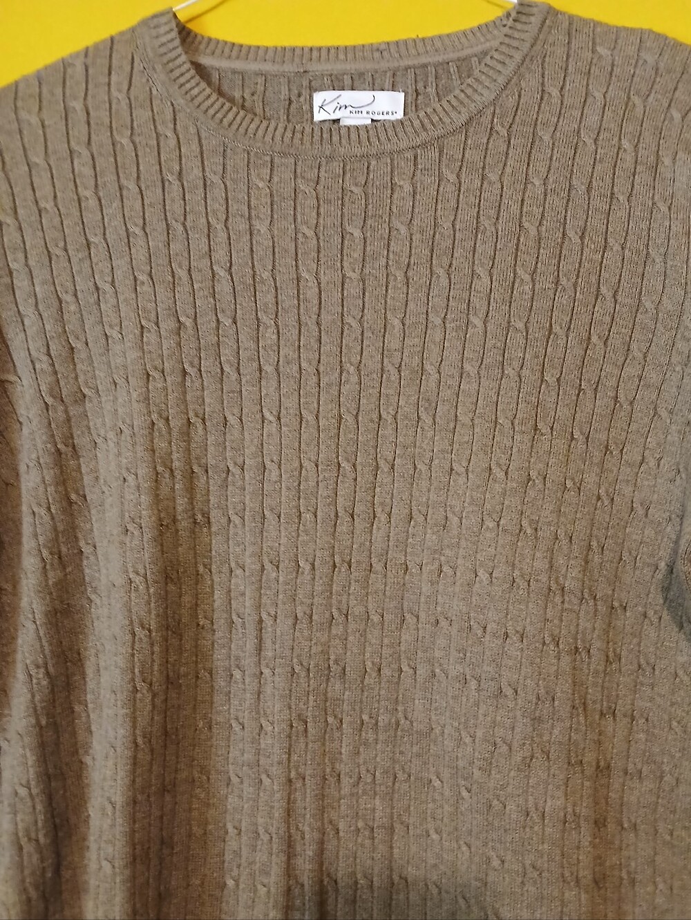 Kim Rogers Taupe Cable-Knit Crewneck Sweater